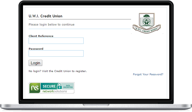 Laptop showing login screen for UWICU ebanking